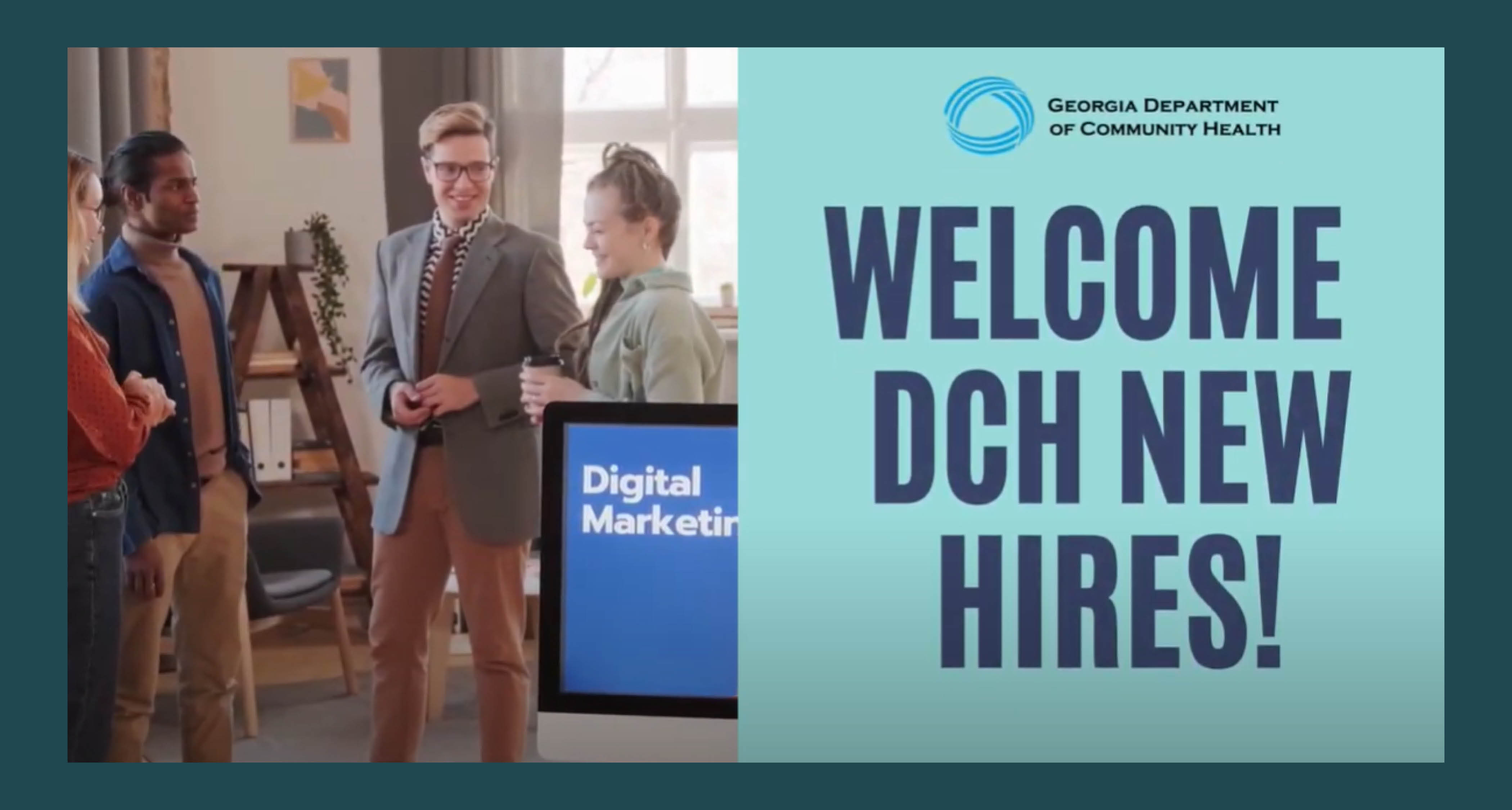 A group of business people stand around talking. The text "Welcome DCH New Hires!" is to the right of them over a blue rectangle.