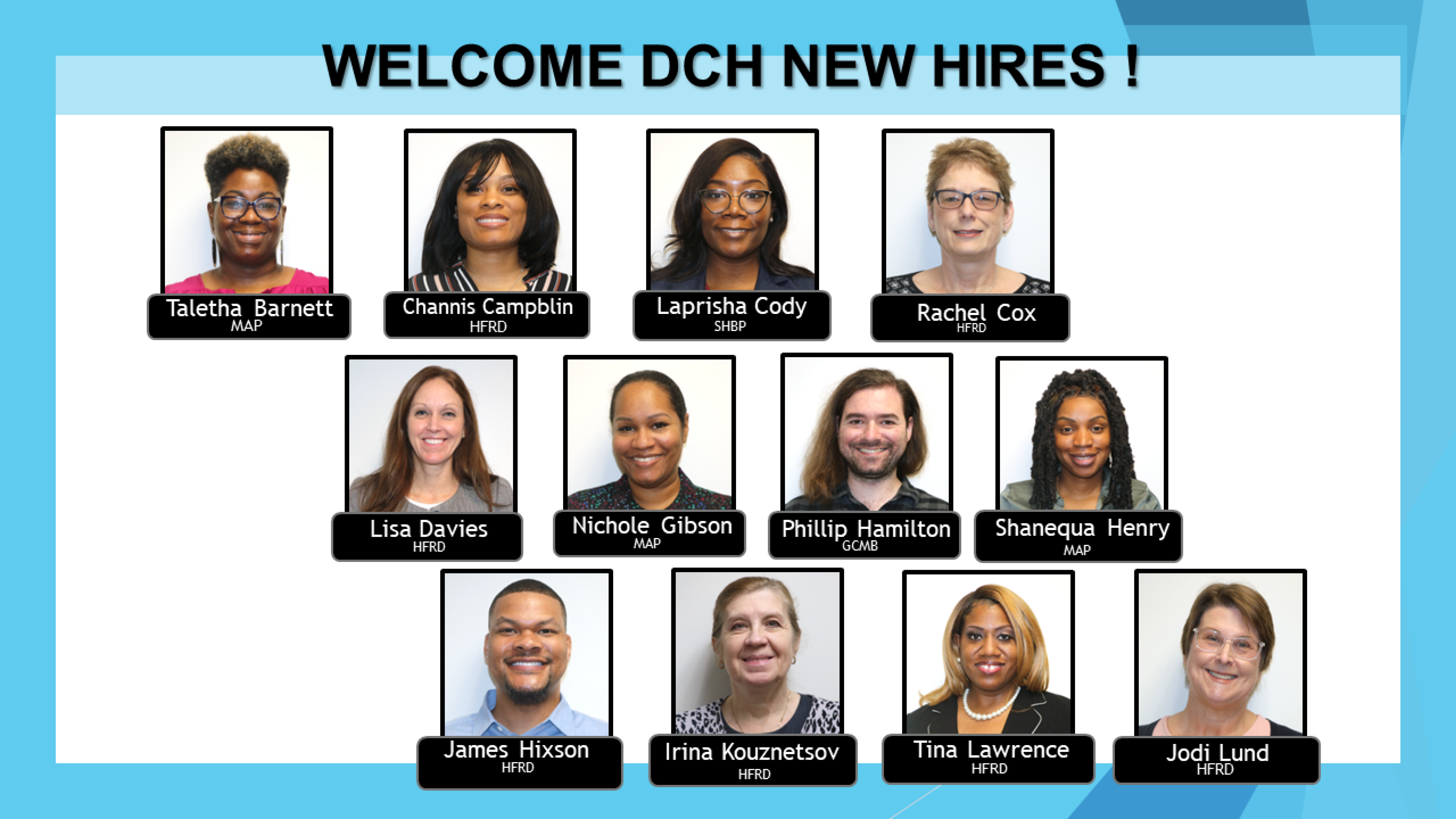 Welcome to the team Taletha Barnett, Channis Campblin, Laprisha Cody, Rachel Cox, Lisa Davies, Nichole Gibson, Phillip Hamilton, Shanequa Henry, James Hixson, Irina Kouznetsov, Tina Lawrence, and Jodi Lund.