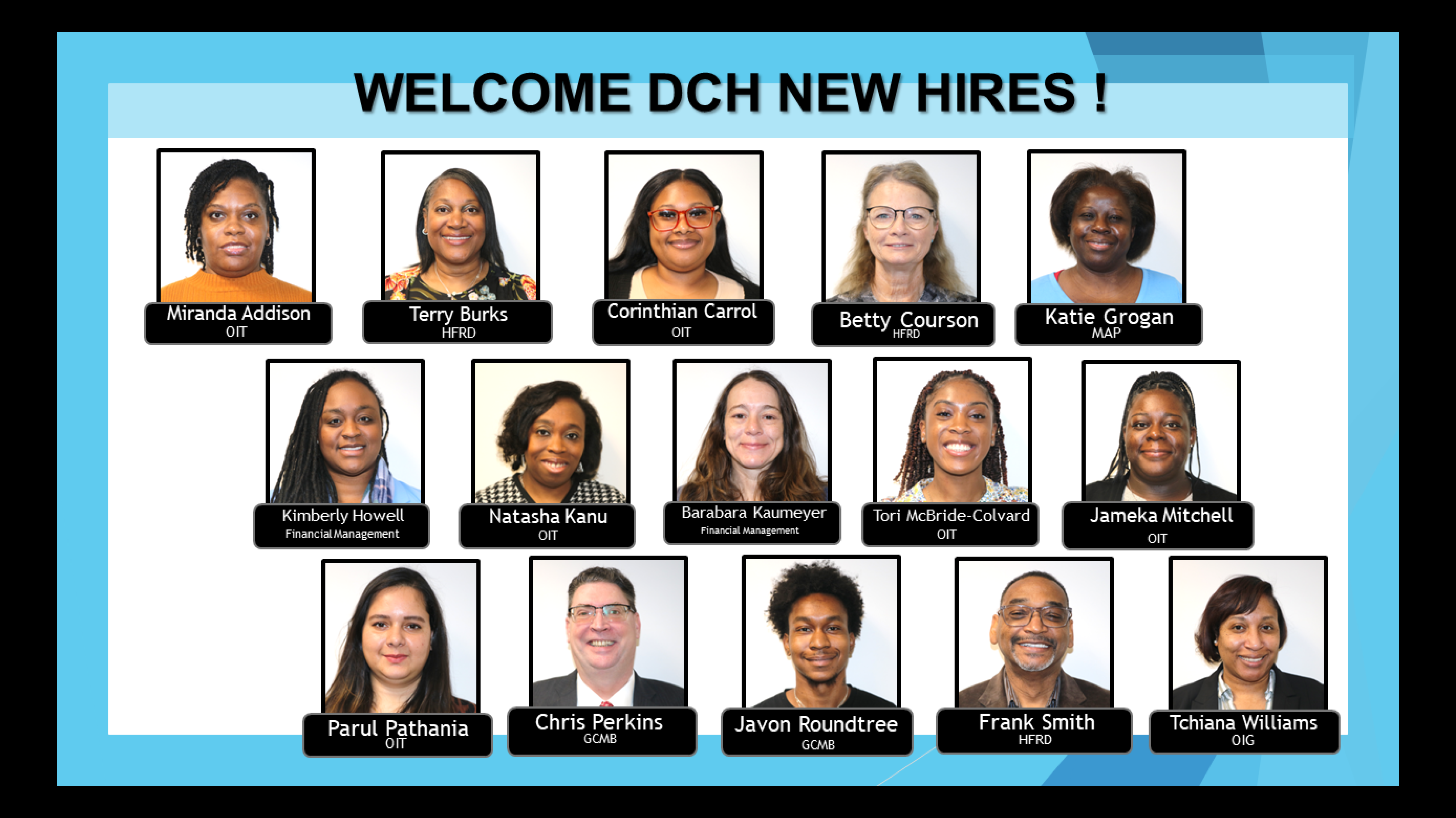 Welcome to the team Miranda Addison, Terry Burks, Corinthian Carrol, Betty Courson, Katie Grogan, Kimberly Howell, Natasha Kanu, Barabara Kaumeyer, Tori McBride-Colvard, Jameka Mitchell, Parul Pathania, Chris Perkins, Javon Roundtree, Frank Smith, and Tchiana Williams