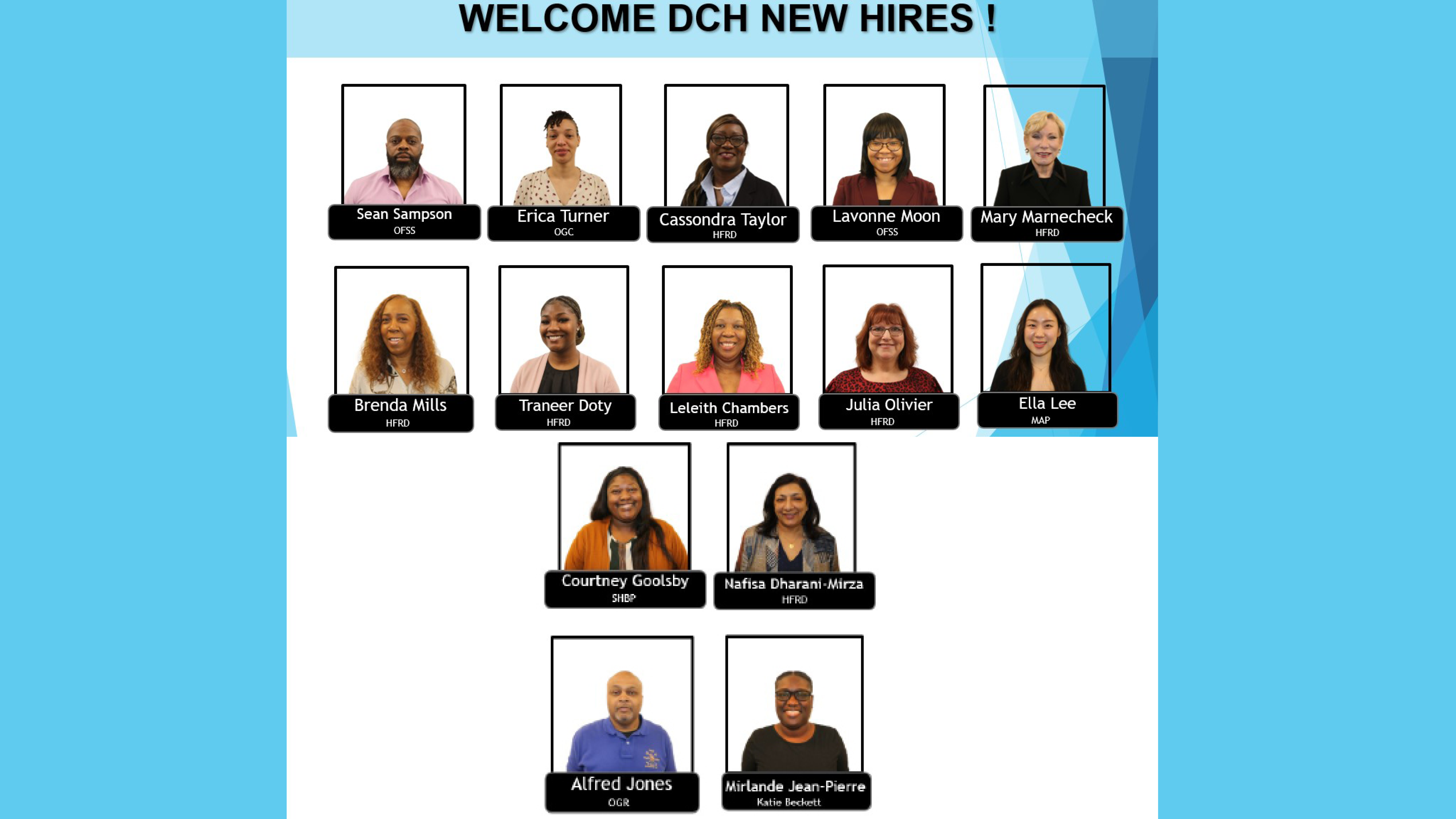 Welcome to the team: Courtney Goolsby, Nafisa Dharani-Mirza, Alfred Jones, Mirlande Jean-Pierre, Sean Sampson, Erica Turner, Cassondra Taylor, Lavonne Moon, Mary Marnecheck, Brenda Mills, Traneer Doty, Leleith Chambers, Julia Olivier, and Ella Lee.