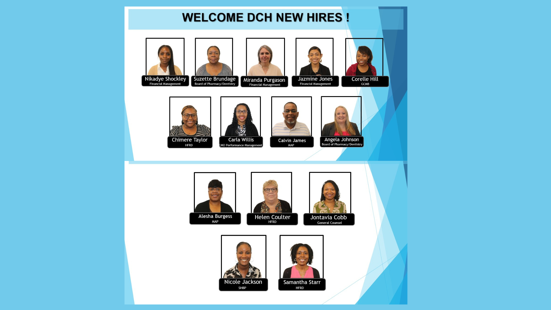 Employee headshots on light blue background