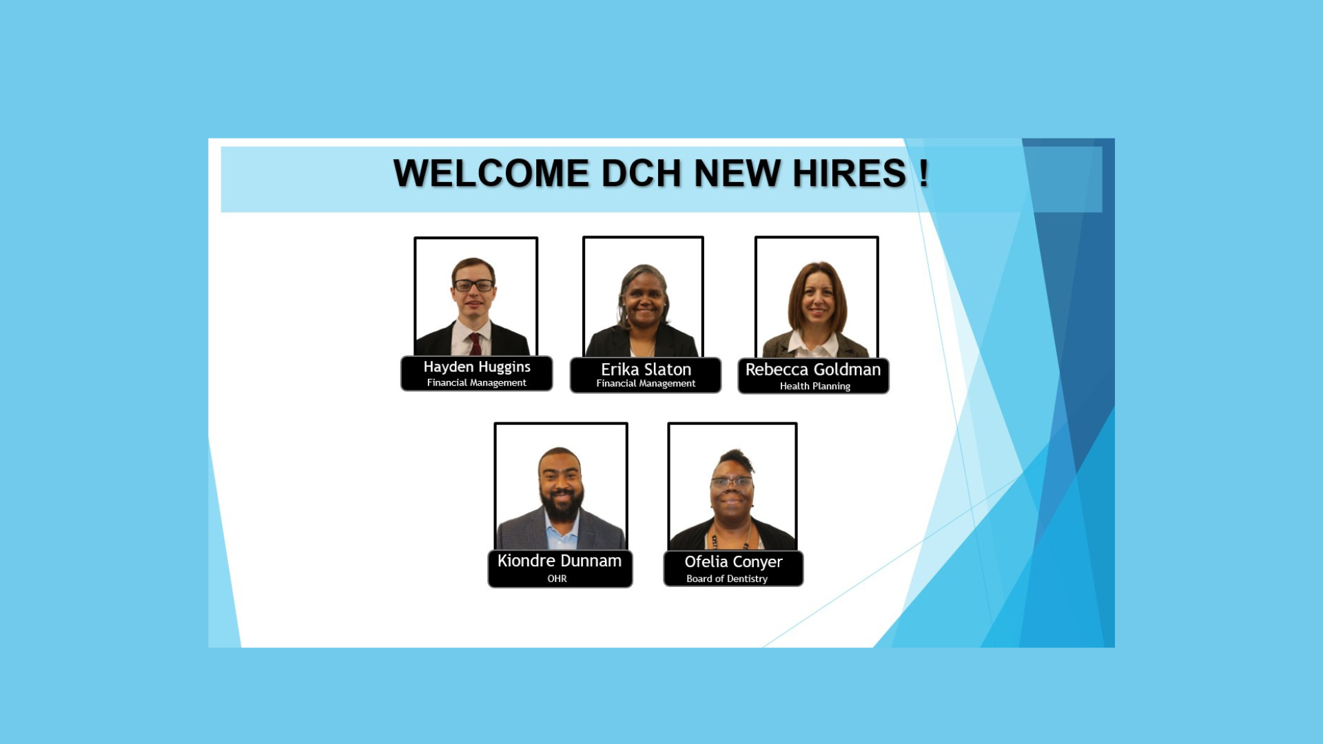 New employees' headshots on blue background