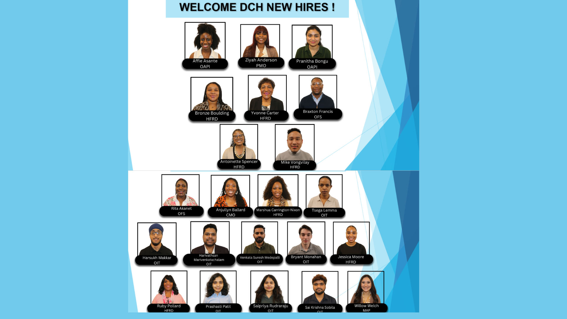 Employee headshots on blue background