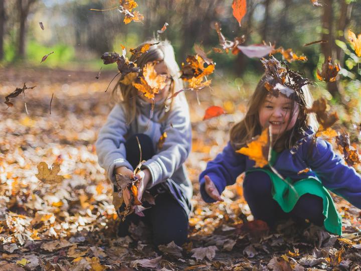 Two girls tossing fallen leaves in the air.
