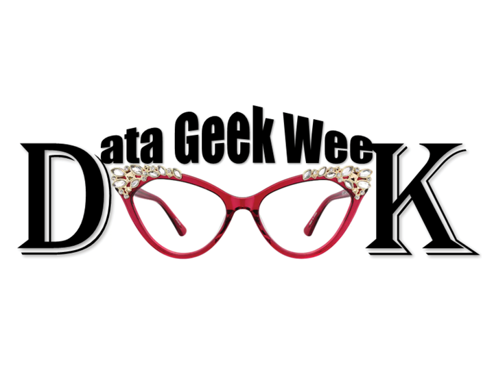 Logo for event. The phrase "Data Geek Week" wraps over a pair of red, bedazzled glasses.