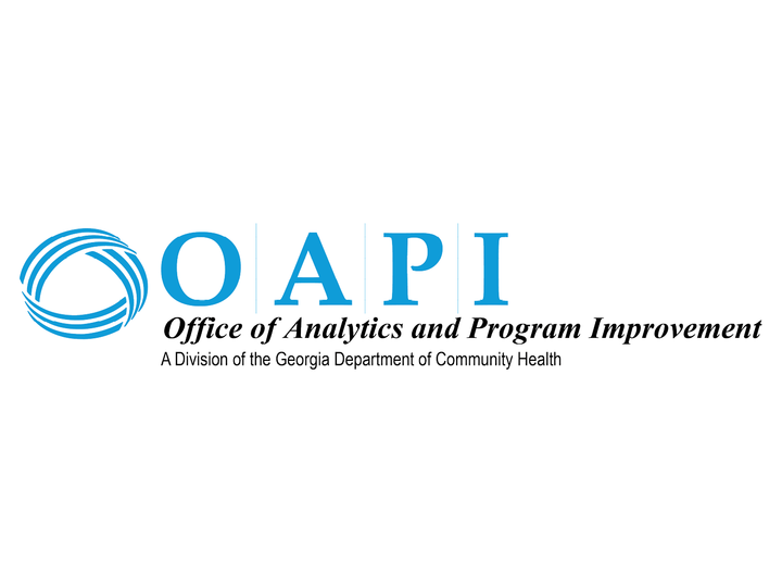 Office of Analytics and Program Improvement logo. Blue synergy graphic with O A P I in blue bolded letters. Office of Analytics and Program Improvement in second line. A division of the Georgia Department of Community Health.