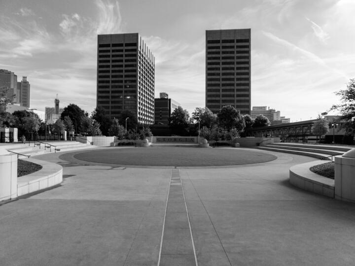 Black and white picture of the Twin Towers in Atlanta