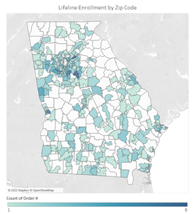 Map of Georgia OAPI CPI Lifeline enrollment by zip code.
