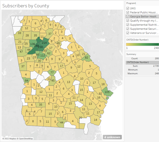 Map of Georgia with lifeline subscribers by county shaded in.