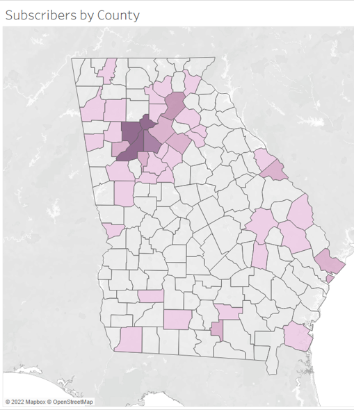 Map of Georgia with Moms Meals subscribers by county shaded.