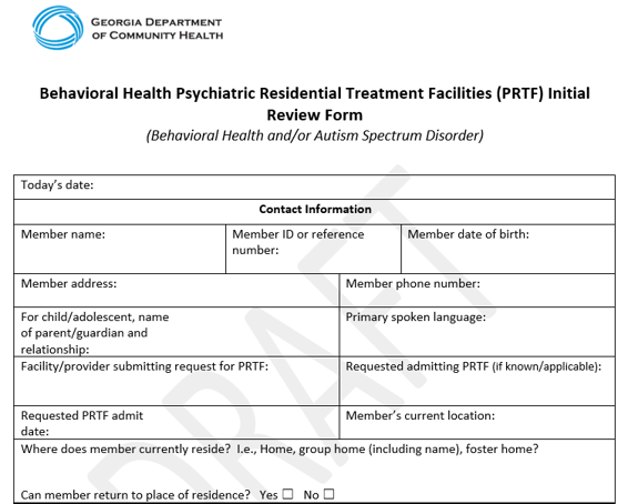 Top of PRTF draft form displaying DCH logo, form title and first few lines of information needed.