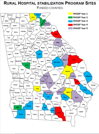 Map of state of Georgia highlighting hospitals participating in phases 1 through 5 of the Rural Hospital Stabilization Program.