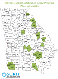 Map of state of Georgia highlighting hospitals participating in phase 6 of the Rural Hospital Stabilization Program.