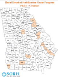 Map of state of Georgia highlighting hospitals participating in phase 7 of the Rural Hospital Stabilization Program.