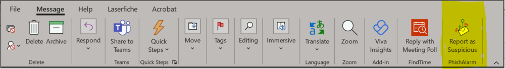 Screenshot of PhishAlarm button in toolbar.