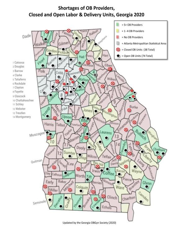 Map showing OBGYN shortage areas in Georgia circa 2020.