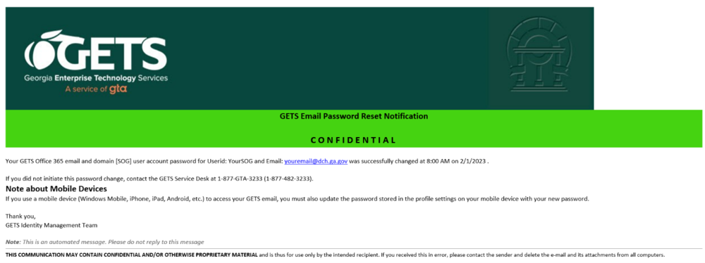 Screenshot of GETS email with instructions to reset password.