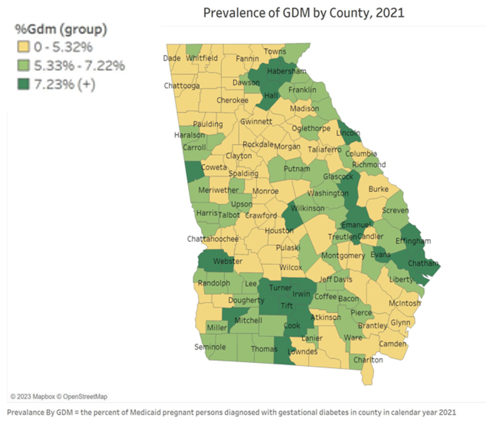 Map showing prevalence of GDM by county in 2021.