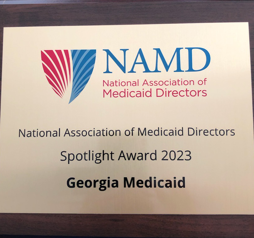 A close up image of the Spotlight Award 2023 from the National Association of Medicaid Directors for the Georgia Medicaid office.