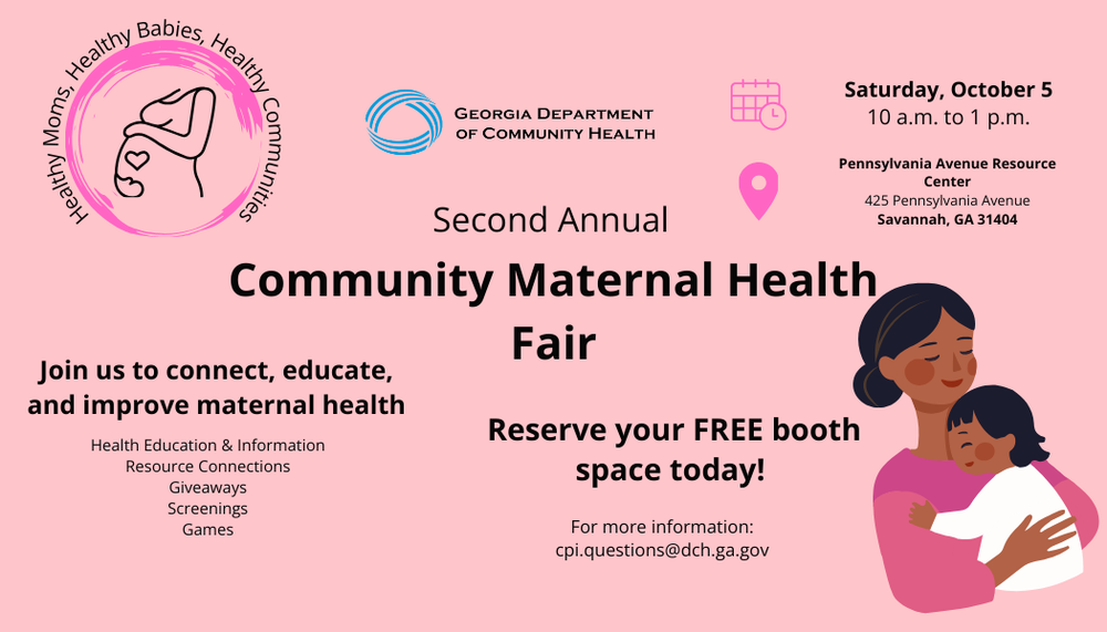 Pink flyer with Community Maternal Health Fair details