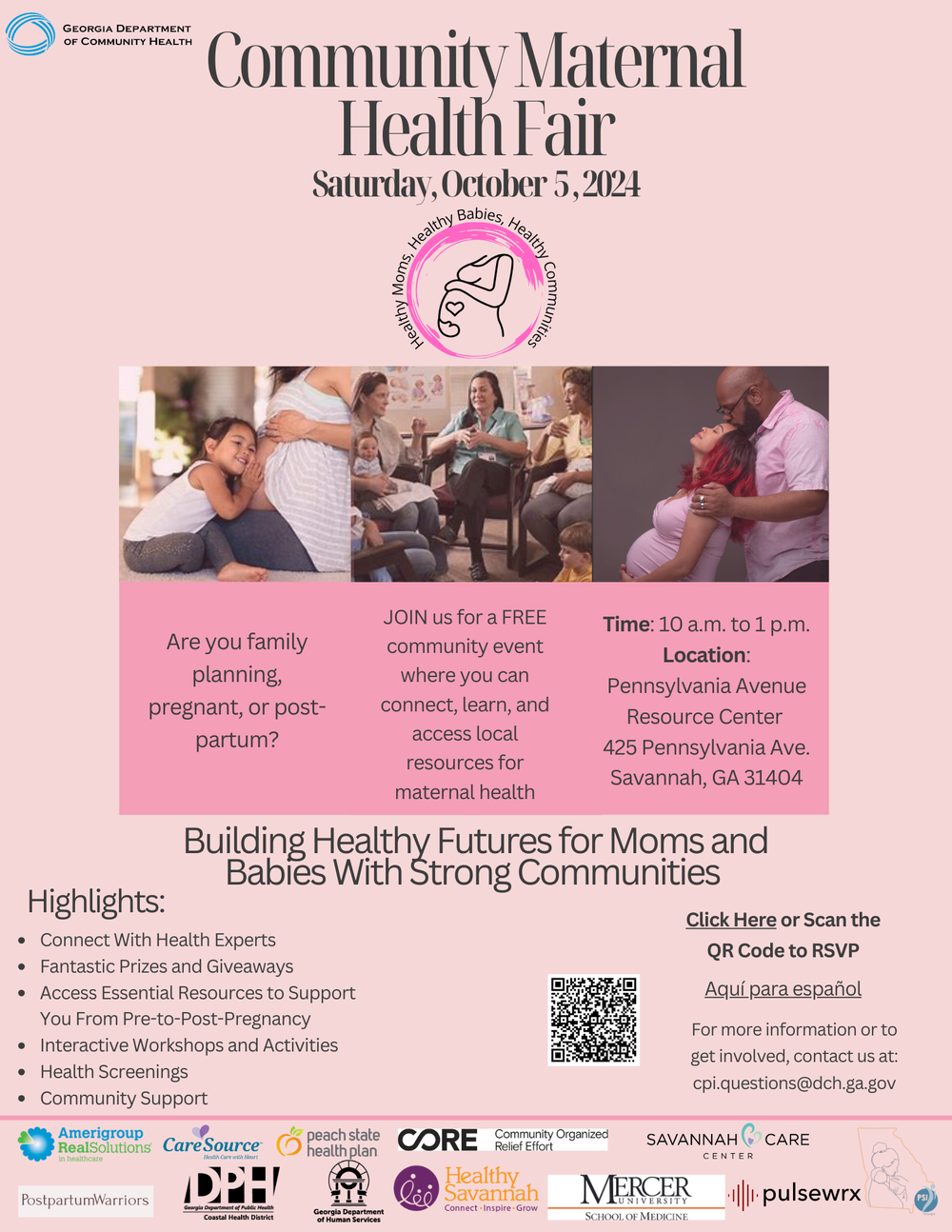 Pink flyer for Community Maternal Health Fair