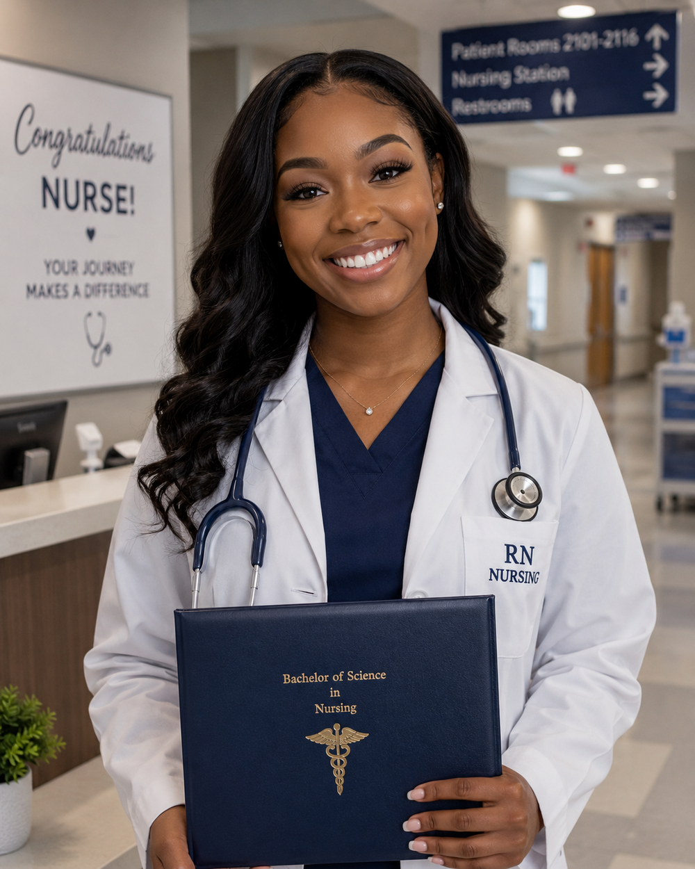 Photo of nurse smiling, posing for picture in a hospital