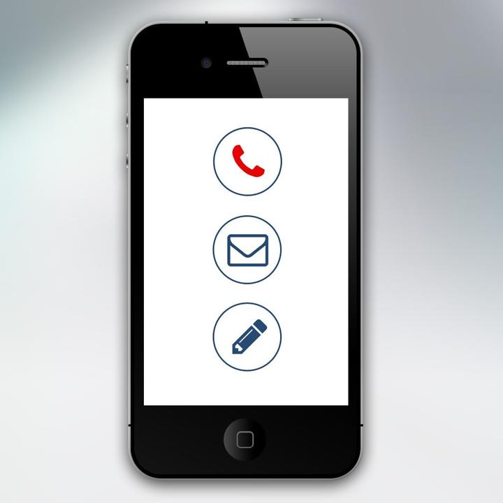 Cell phone with options to connect via call, email, message.