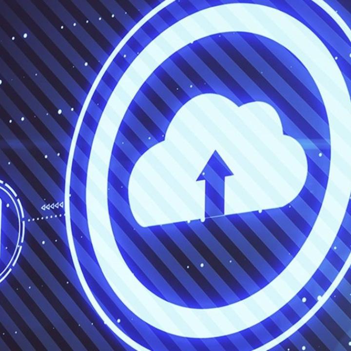 Technology icons like cloud, documents, and cell phone, on dark blue background.